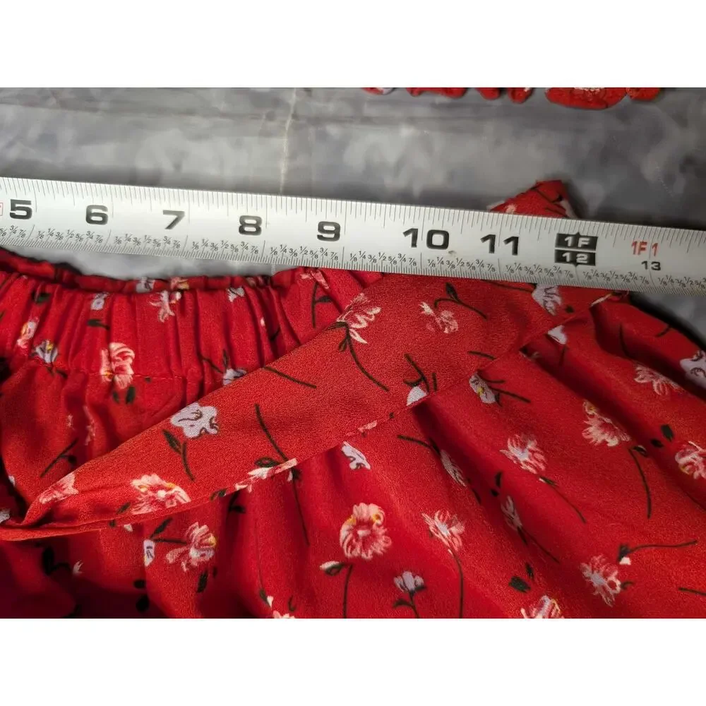 Ditsy Red Floral Surplice Front Shirred Top & Belted Shorts Spring Summer Size M